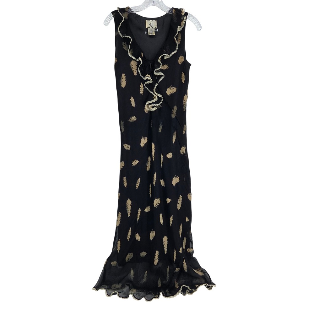 ICE i(E Maxi Dress 8P Black Silk Feather Print Ruffle Whimsygoth Boho Vintage